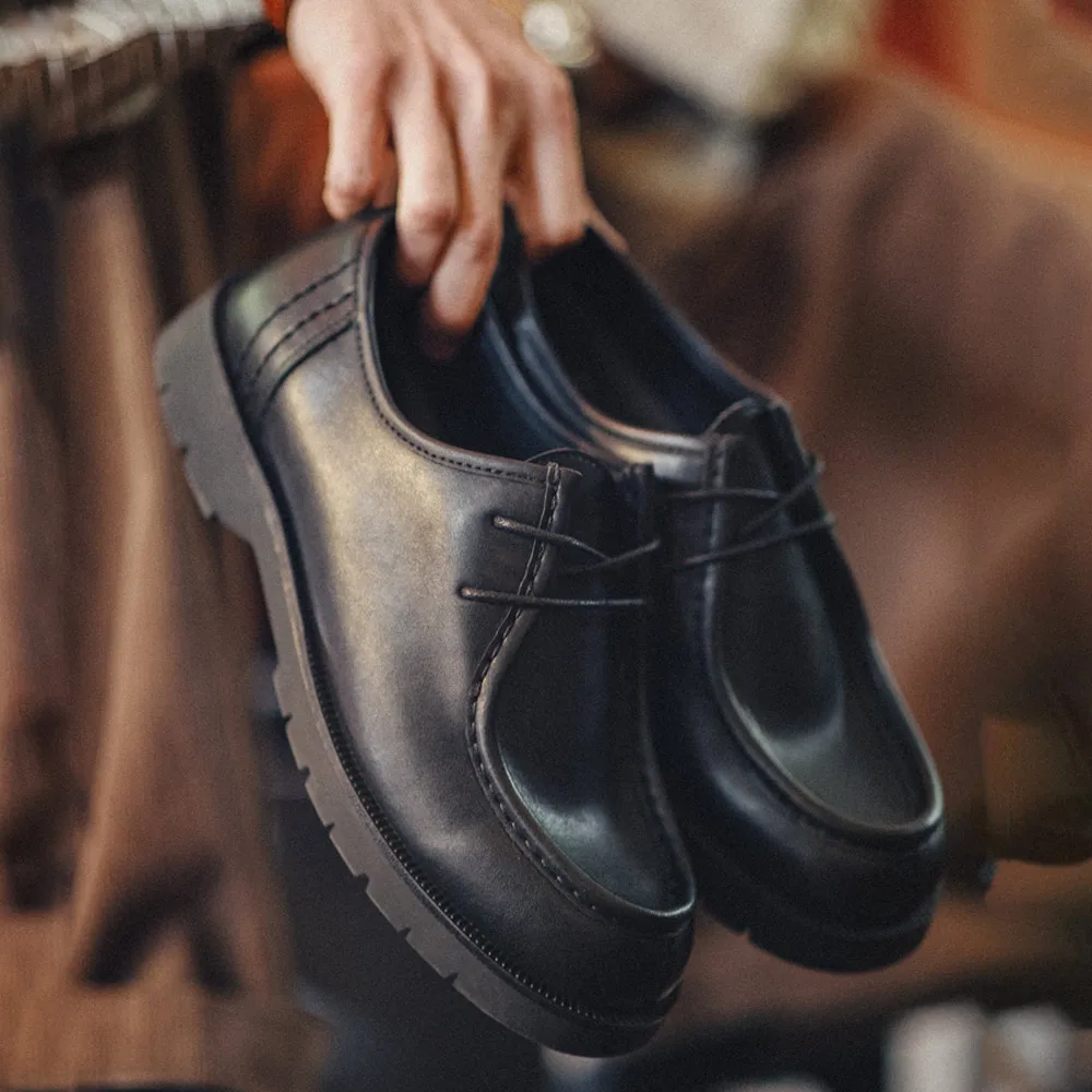 Maden Zapatos Derby negros vintage para hombre Mocasines con cordones de cuero con punta redonda Estilo británico Negro Oficina Low-top para negocios