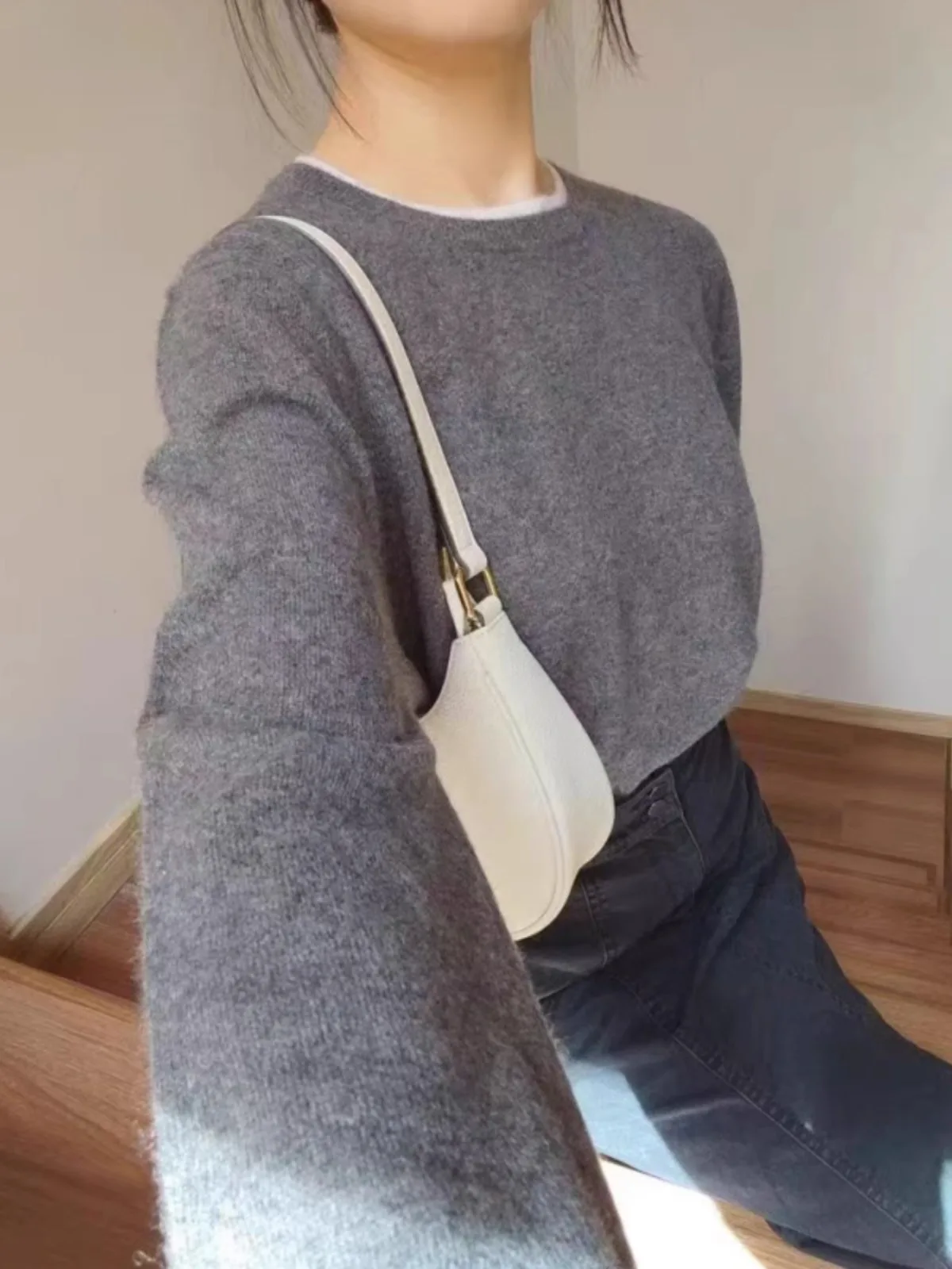Suéter de cachemira pura con cuello redondo para mujer, jersey de otoño e invierno, suéter holgado de talla grande con parte inferior de lana, suéter de punto