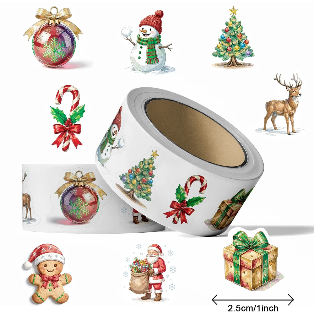 500 piezas/rollo de pegatinas navideñas de dibujos animados, etiquetas para envolver regalos de Navidad, pegatinas de recompensa, papelería para álbumes de recortes, 1"
