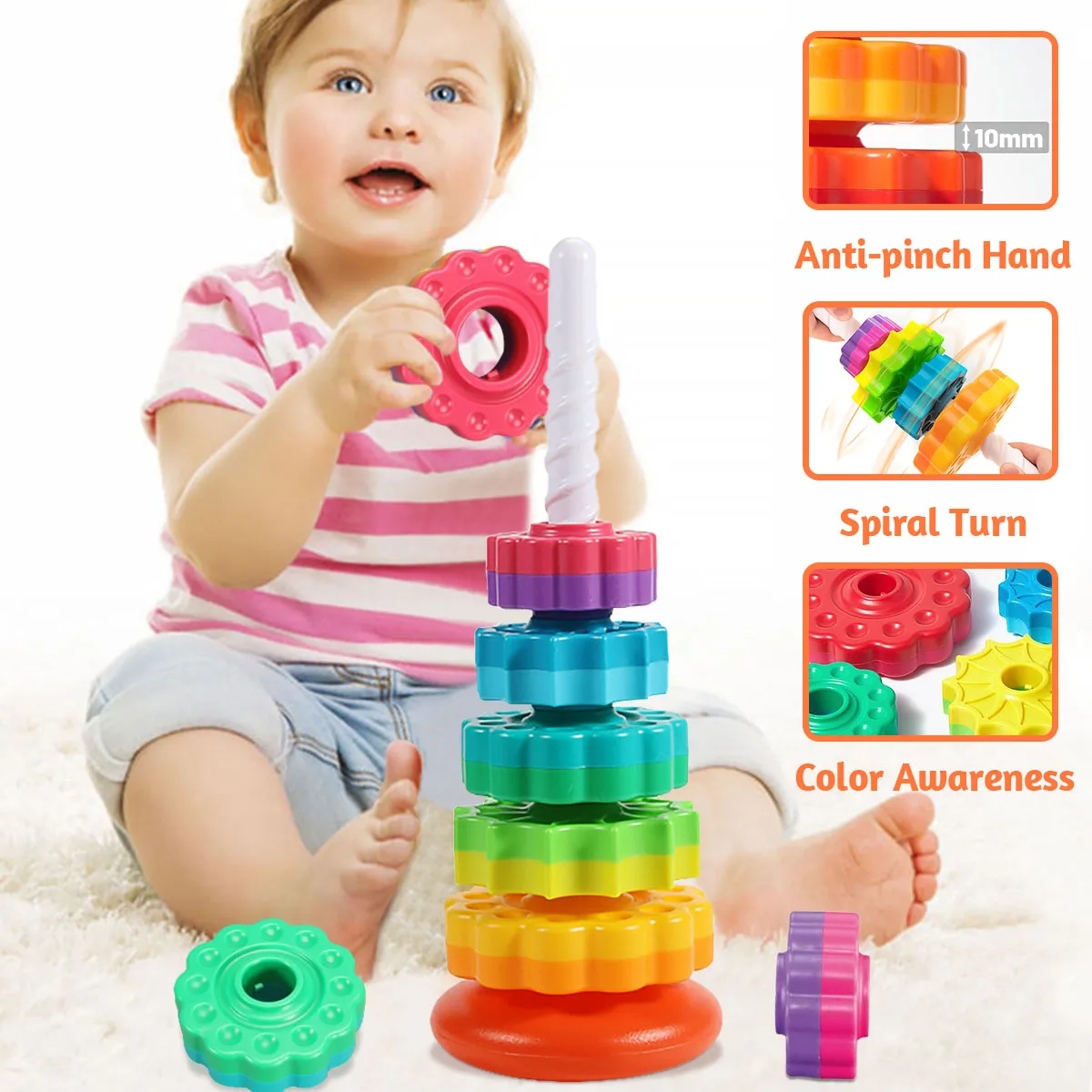 Torre Arcoíris Giratoria Montessori, Juguetes de Apilamiento para Bebés, Juguetes Infantiles de Colores Seguros y Ecológicos