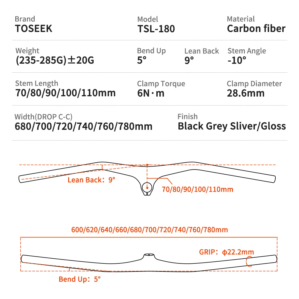 TOSEEK-Manillar y vástago TSL180 para bicicleta de montaña, manillar integrado de carbono de 10 grados, 260g, Width780-70/80/90/100/110mm