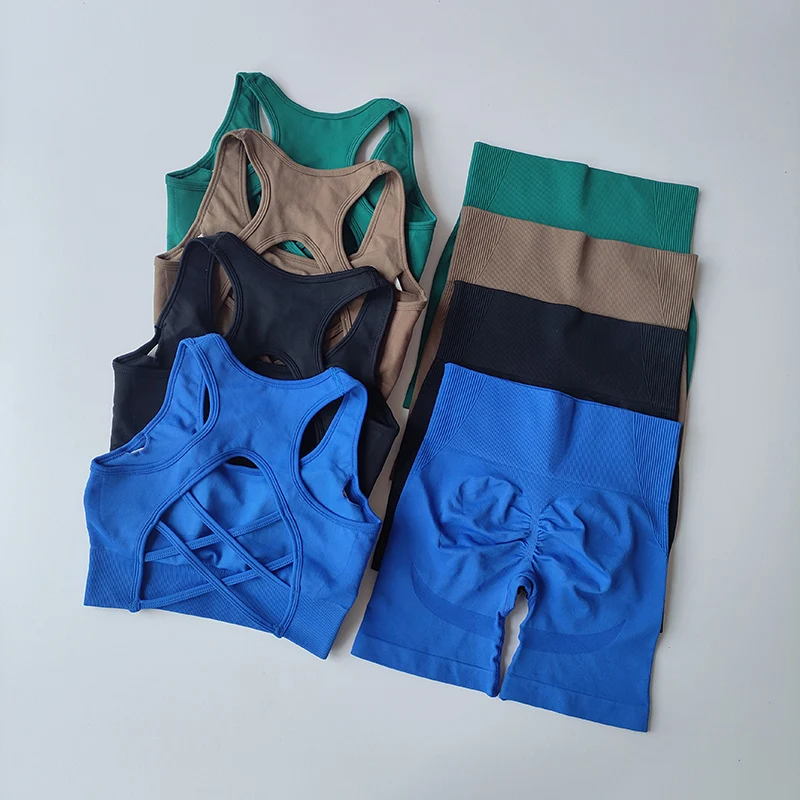 Conjunto de Yoga sin costuras para mujer, Sujetador deportivo Sexy + Pantalones cortos deportivos de cintura alta, ropa de gimnasio, pantalones cortos sin mangas, traje deportivo, 2 piezas