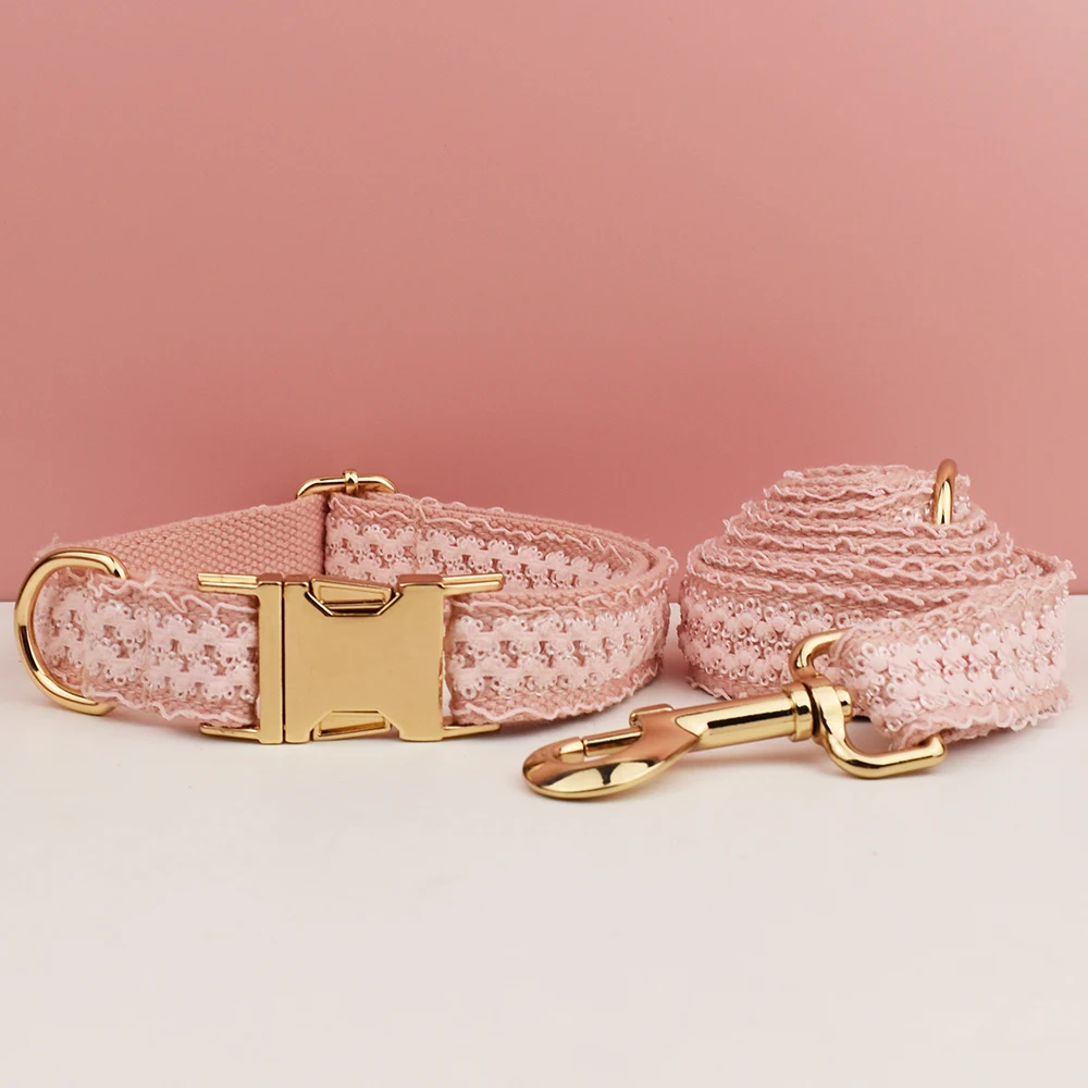 Collar de encaje rosa para perro, placa con nombre grabada personalizada, collar de boda para mascotas, arnés para perros, accesorios para perros, encaje de lujo 03
