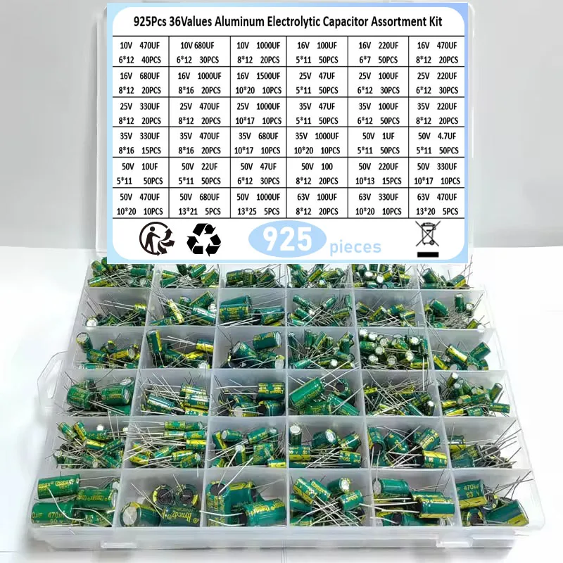Kit Surtido de Condensadores Electrolíticos de Aluminio de Alta Frecuencia 36Values Green 1uF 4.7uF 10uF 22uF 47uF 100uF 220uF 330uF 470uF