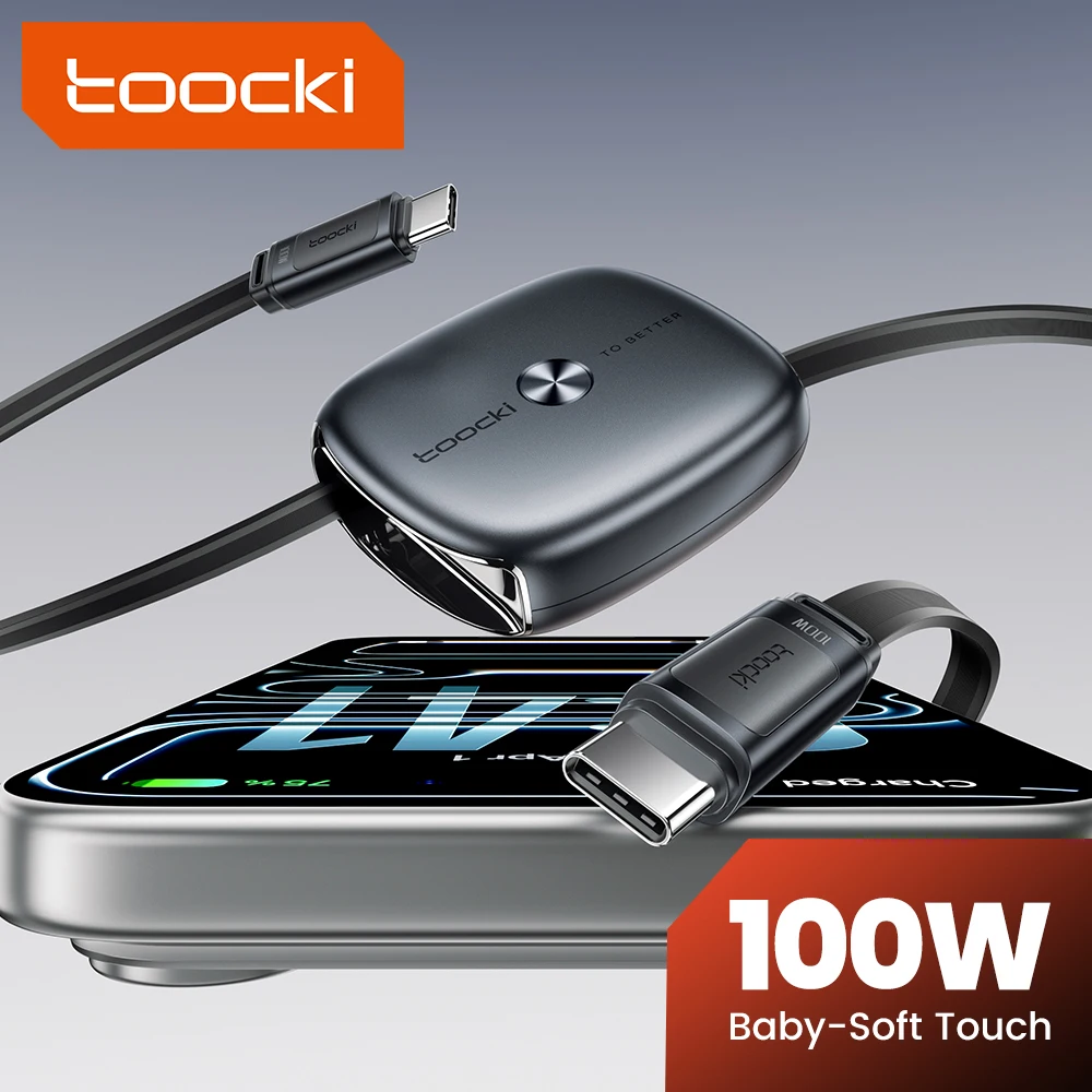 Cable Retráctil Tipo C Toocki 100W Compatible con Carga Rápida SFC 3.0, Cable USB C TPE de Tamaño Mini para iPhone 16 17 Samsung S26 Xiaomi