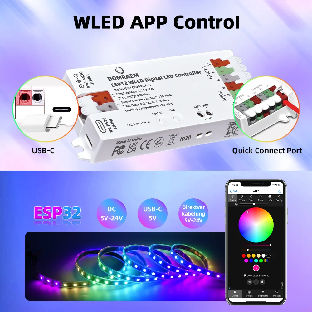 DOMRAEM ESP32 USB-C WLED controlador LED Digital RGB IC DIY APP 16A fusible funciona con HA/MQTT/Alexa WS2811/12/12B/14/05 Sk6812 tira