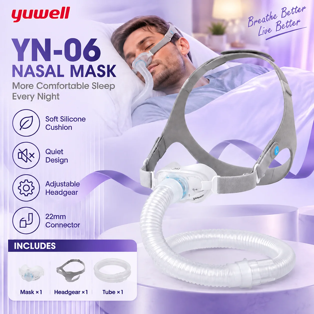 Yuwell YN-06: máscara nasal para CPAP con cojín de silicona suave, diseñada para tratar la apnea del sueño, con un diseño silencioso, tubo de 22 mm y arnés cómodo para el reemplazo.