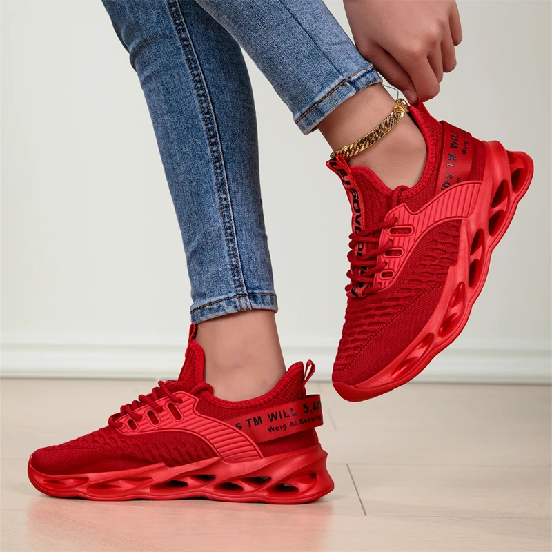2025 zapatillas de deporte informales rojas de moda, zapatos de hoja para hombres y mujeres, talla grande 45, zapatos deportivos ligeros y transpirables para hombres, zapatillas deportivas de malla para correr