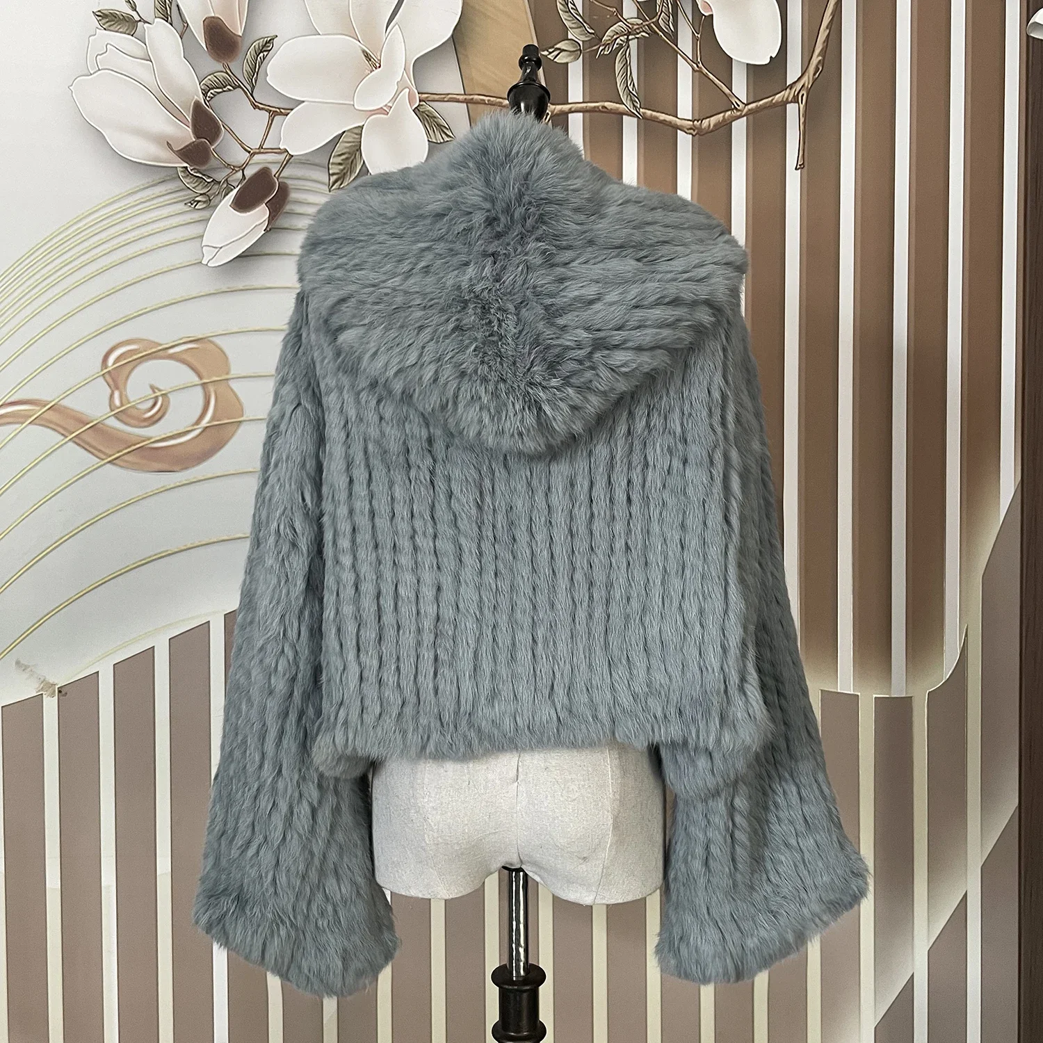 Abrigo con capucha de piel de conejo auténtica para mujer, chaqueta de piel auténtica holgada informal de manga larga con capucha, prendas de vestir de piel Natural para mujer