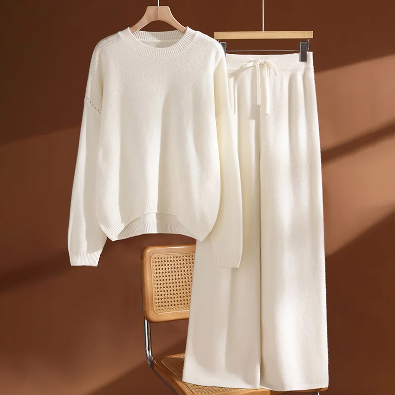 Conjunto de lana de 100% para mujer, jersey con cuello redondo, pantalones de pierna ancha, suéter de Cachemira liso holgado y grueso para otoño e invierno, pantalones de punto, traje