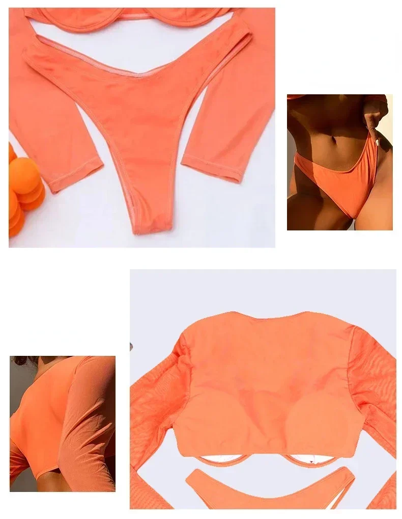 Traje de Baño de Dos Piezas para Mujer, Bikini Sexy con Push-Up, Manga Larga, Color Naranja, Ropa de Playa 2026, Nuevo