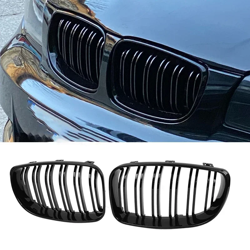 Para BMW E81 E87 E82 E88 128I 130I 135I parachoques delantero de coche rejilla de riñón parrillas de carreras rejillas negro brillante parrilla de doble listones 07-11