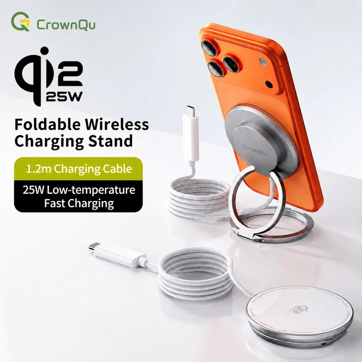 Cargador Inalámbrico Magnético Qi2.2 de 25W con Cable de 47.2 Pulgadas, Carga Rápida, Soporte Plegable para iPhone 17 16 15 Pro Max Huawei Xiaomi iPad