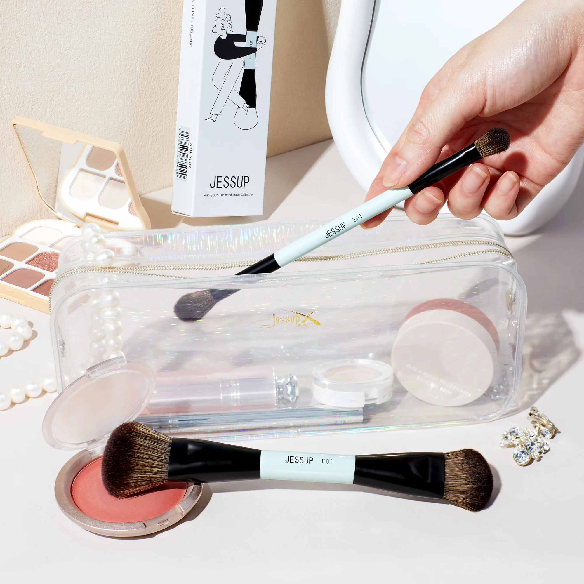 Jessup Juego de 2 brochas de maquillaje de doble cara, kit de brochas profesionales para base, contorno, colorete, sombra de ojos y difuminado T502