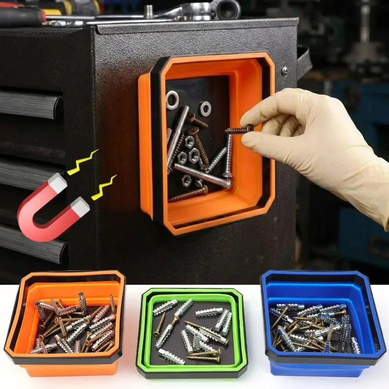 Bandeja Magnética Plegable para Piezas, Recipientes Cuadrados de Silicona con Succión para Almacenamiento de Pernos, Tuercas, Arandelas, Pasadores y Tornillos