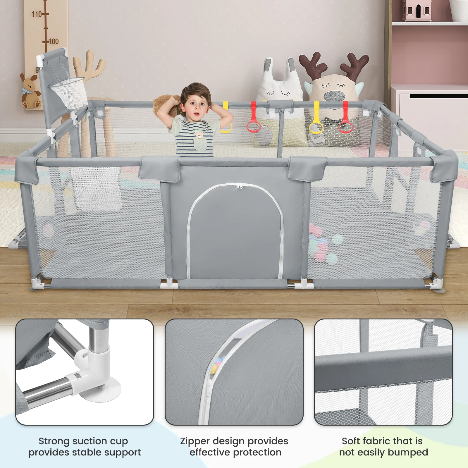Parque infantil grande para bebés XL 180x120cm, parque infantil para bebés y niños con red transpirable, 50 pelotas de juego y 4 anillas de tracción