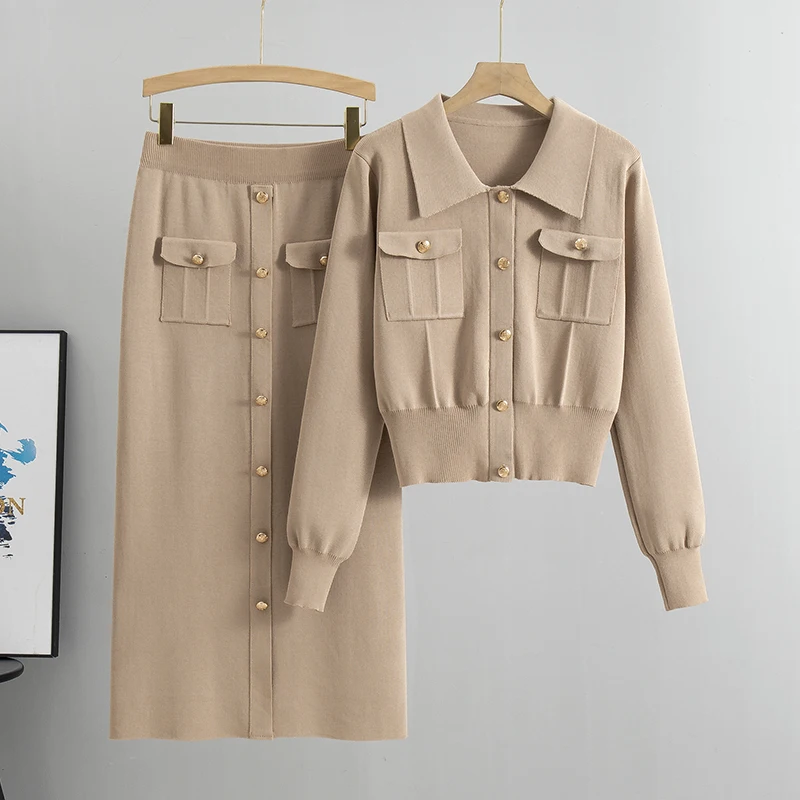 Suéteres elegantes para oficina, Tops + faldas de punto ajustadas de cintura alta, conjuntos de 2 piezas, ropa nueva para mujer, chándal, moda coreana de otoño