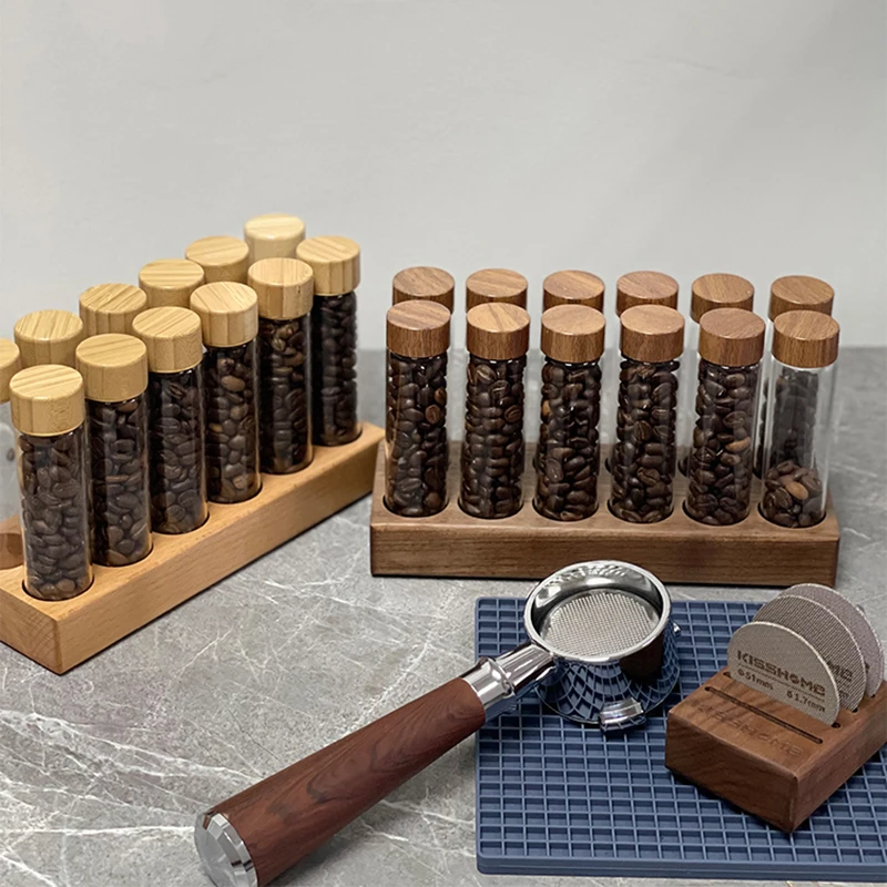 Tubo de almacenamiento de granos de café, vidrio de dosis única, 17g, 22g, contenedor a base de nogal con embudo, accesorios para Espresso, productos, herramientas de Barista