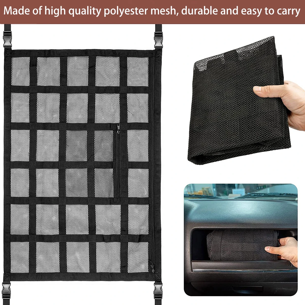 Bolsa de red fuerte para coche, malla con soporte de carga, capacidad de almacenamiento para techo de coche, organizador de accesorios para automóvil, gran viaje, ahorro de espacio