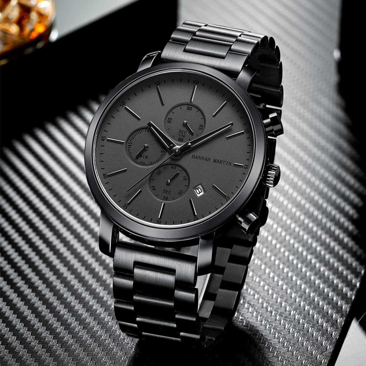 Reloj de marca HANNAH MARTIN para hombre, reloj de pulsera de cuarzo multifuncional deportivo resistente al agua de acero inoxidable negro, reloj Masculino