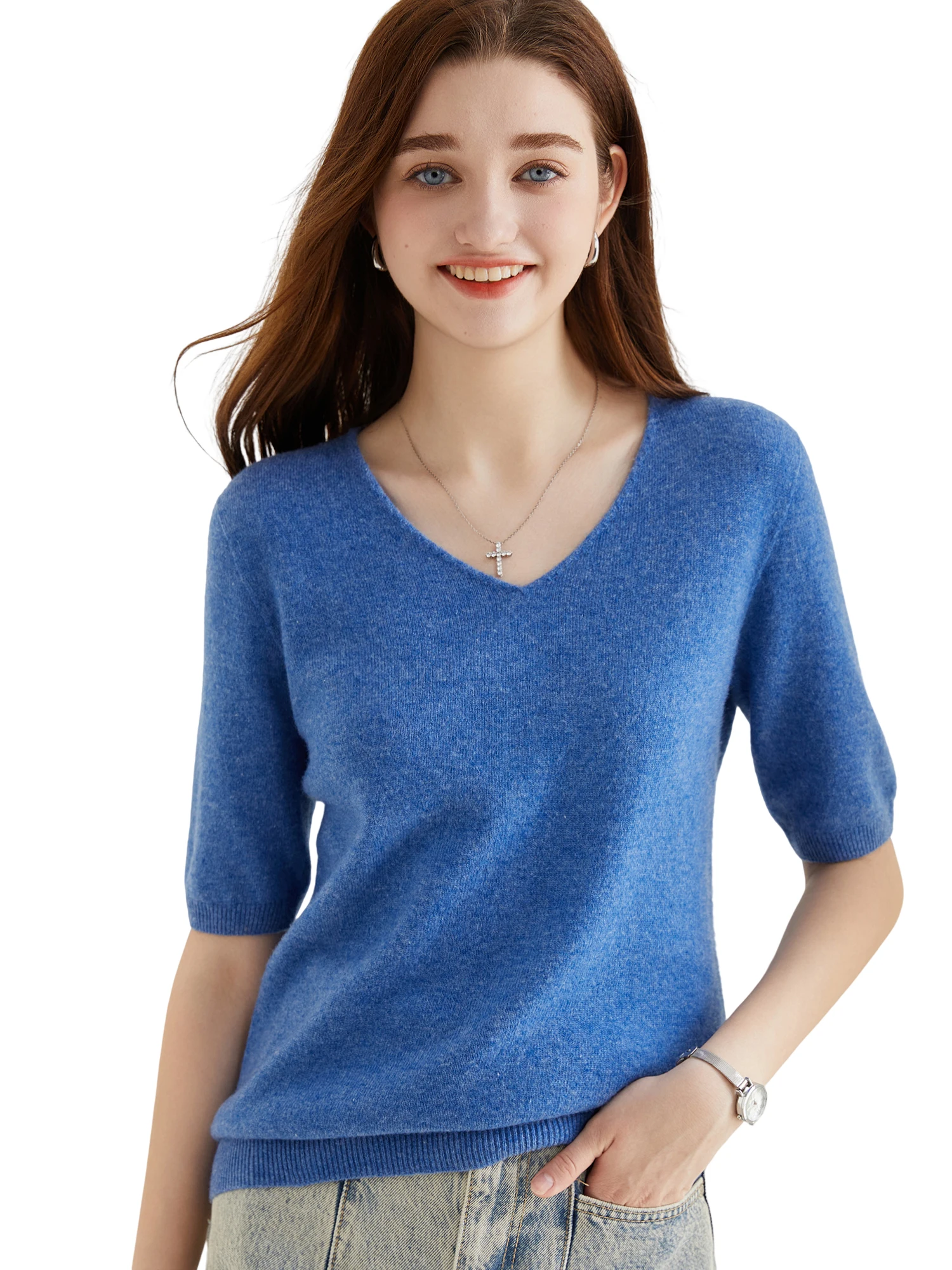 Suéter de mujer, suéter de lana merina de 100% para mujer, jersey, Tops de manga corta, ropa femenina de punto suave con cuello en V para primavera y verano