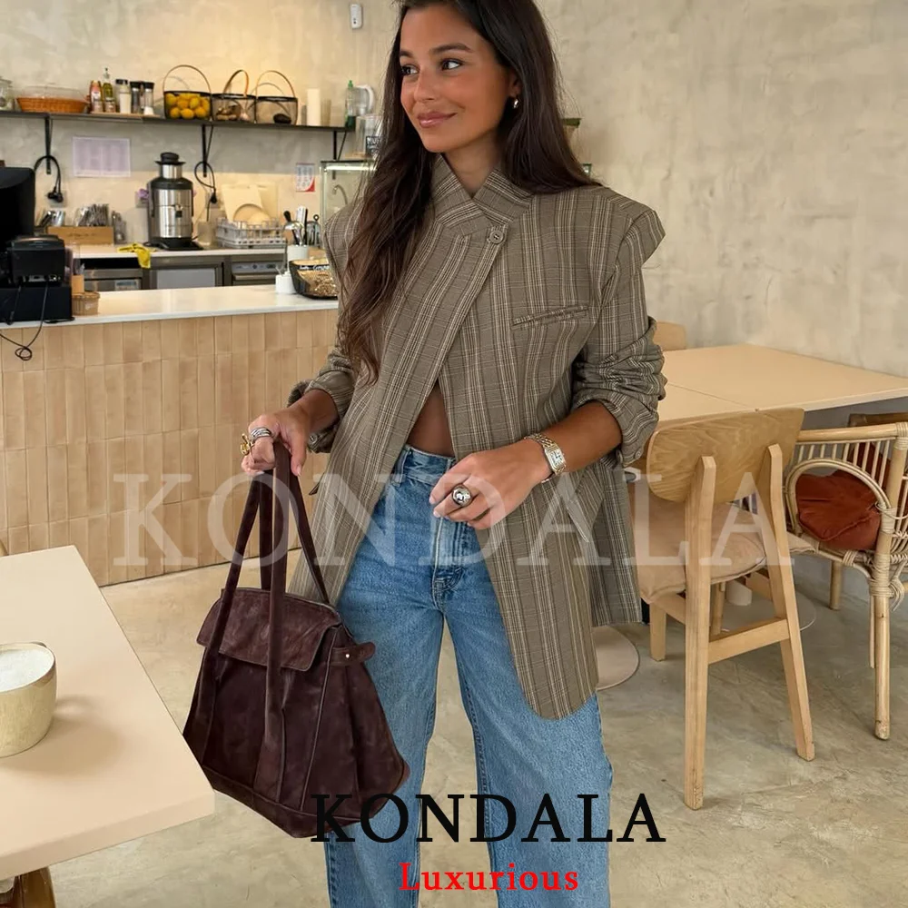 Blazer a Cuadros Elegante para Mujer de Oficina KONDALA, Blazer Oversize con Botón Único en la Parte Delantera, Moda Primavera-Verano 2026, Top para Mujer de Oficina