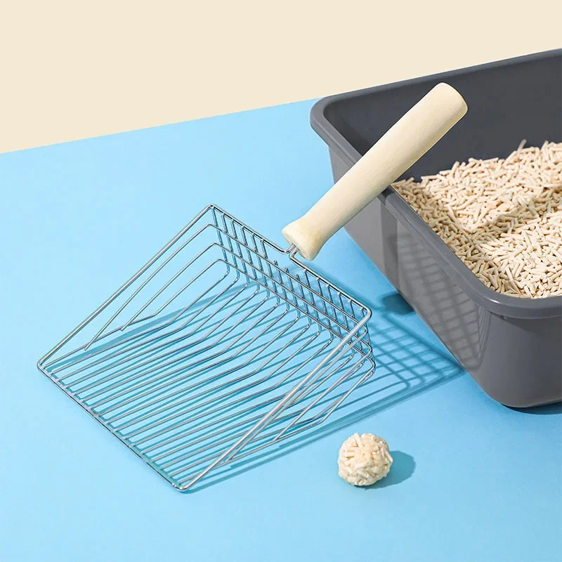 Pala para arena de gato con mango de madera, recogedor de Metal con gancho, herramienta de limpieza de inodoro portátil de acero inoxidable, productos para mascotas