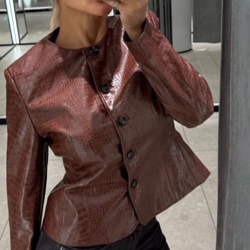 Chaqueta de cuero sintético con estampado de cocodrilo para mujer, cuello redondo, cierre de botones frontales, bajo peplum acampanado, corte ajustado, abrigo corto, ropa de calle para damas.