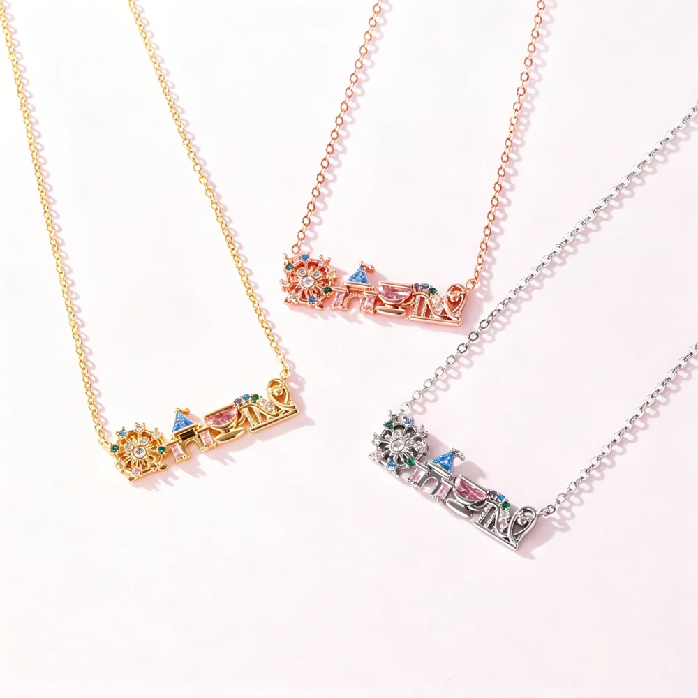 Collar con Colgante de Parque de Atracciones con Incrustaciones de Circonita de Colores Chapado en Oro de 18K, Diseño Lindo y Dulce, Joyería de Moda Versátil, Regalo para Niña
