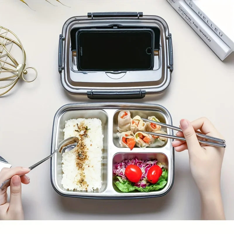 Fiambrera de acero inoxidable a prueba de fugas con 3/4 compartimentos: contenedor Bento duradero y fácil de limpiar para estudiantes y trabajadores de oficina
