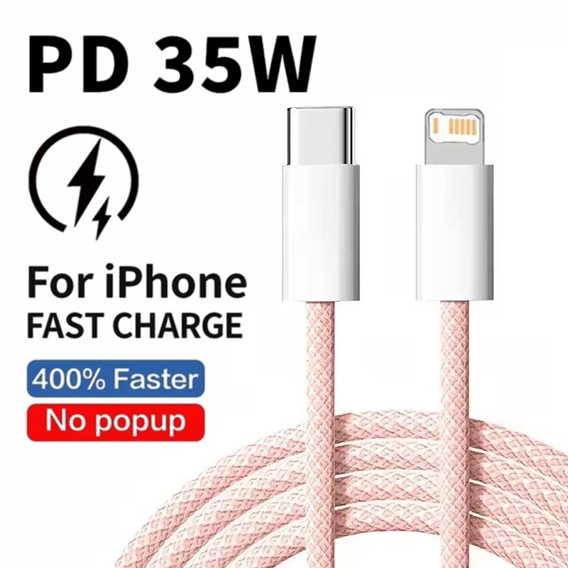 Cable PD de carga rápida trenzado de 35W para iPhone 13 14 Pro Max 11 12 mini X XR XS Max 7 8 Plus Cables de datos USB-C de carga rápida 1m 2m