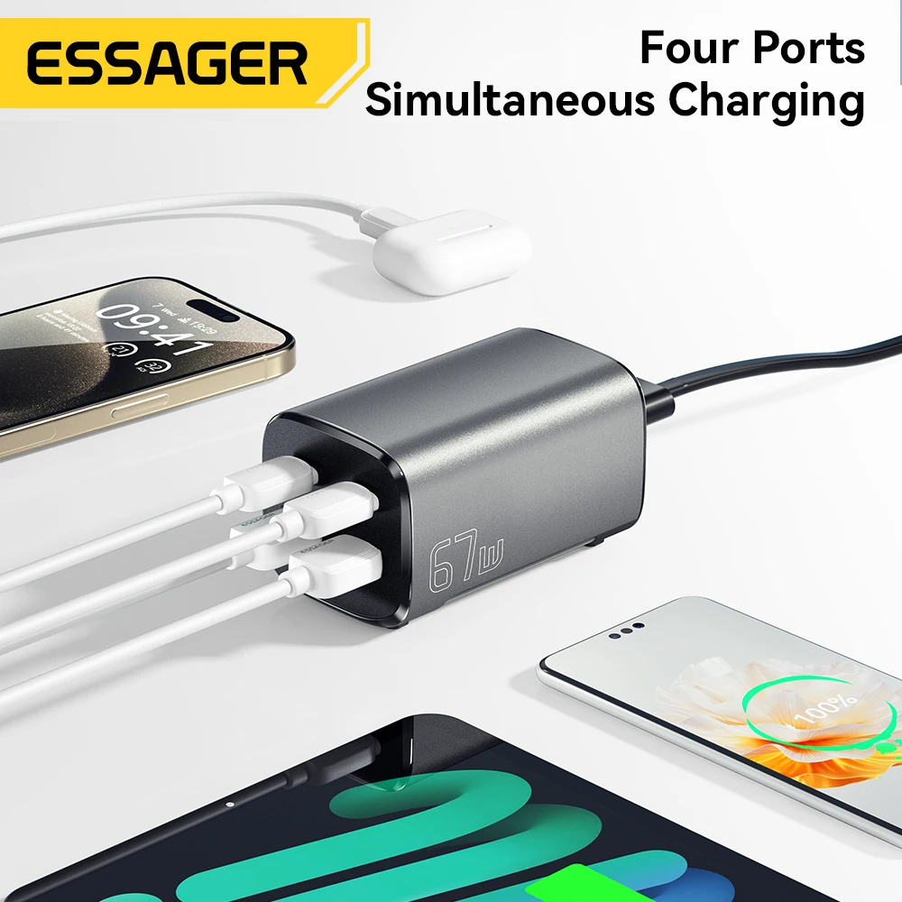 Essager 67W USB C GaN cargador de escritorio carga rápida 4,0 QC 3,0 PD tipo C carga rápida para MacBook Samsung POPC iPhone 15 portátil