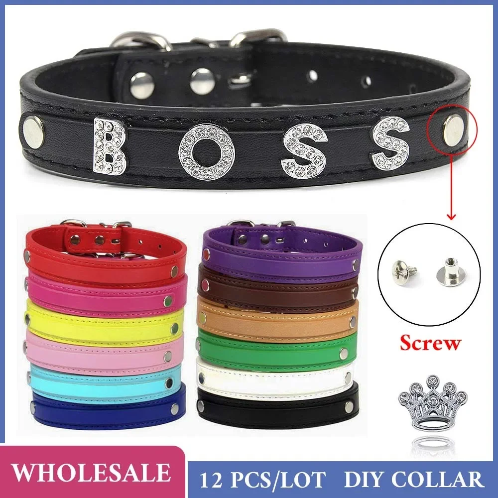 Collar de piel sintética con letras personalizadas para perro pequeño y mediano, correa para el cuello para cachorro y gato, bricolaje, venta al por mayor, 12 unidades