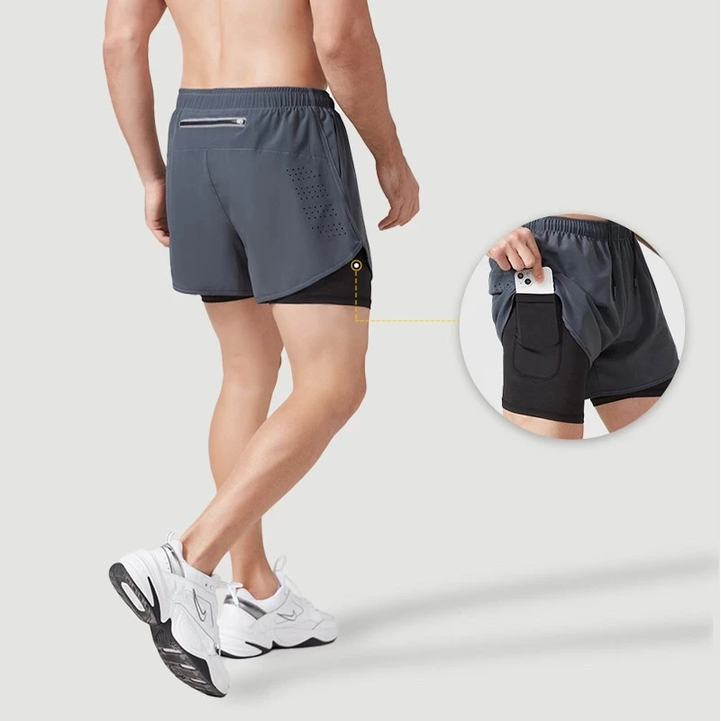 Pantalones cortos para correr para hombre, pantalones cortos negros de doble capa para Fitness de secado rápido, nuevos pantalones cortos deportivos para entrenamiento y culturismo