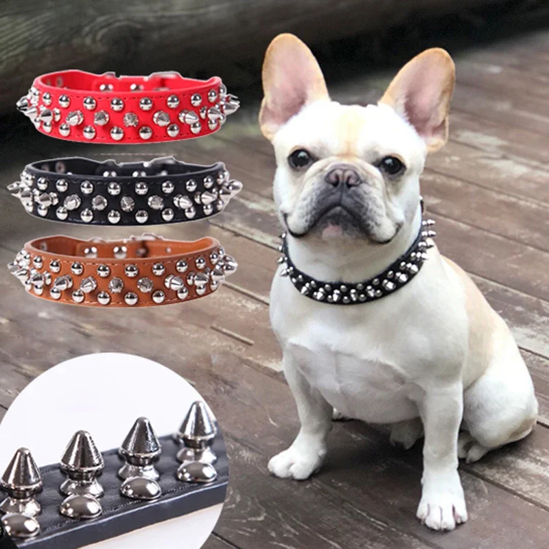 Collar de cuero ajustable para perro, correa para el cuello, suministros de cuero PU, remache Punk, Collar para perro con pinchos, collares para mascotas para perros pequeños y gatos