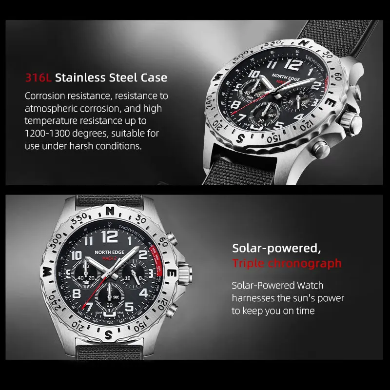 Reloj NORTH EDGE 2025 MACH 2 para Hombre, Energía Solar, Caja de Acero Inoxidable 316, Reloj de Cuarzo, Piloto, Resistente al Agua 50M, Cronómetro
