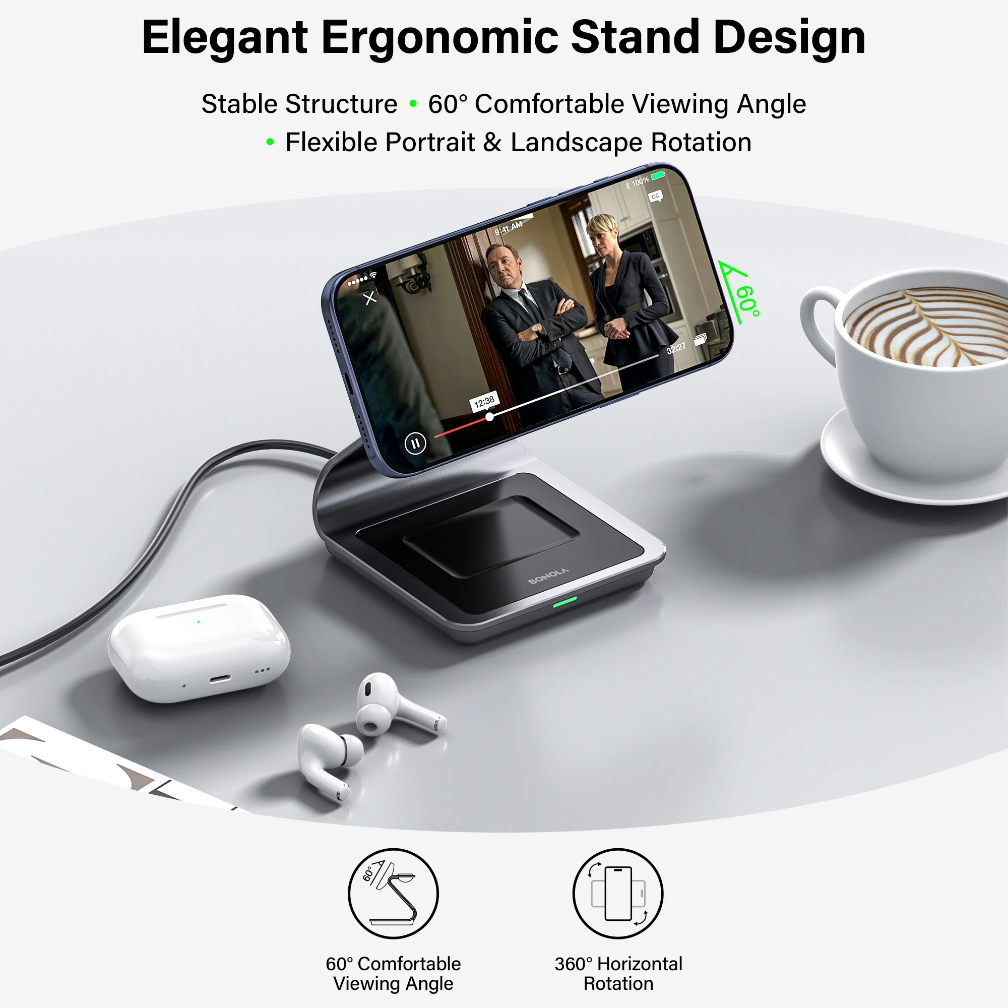 Estación de Carga Inalámbrica Magnética 3 en 1 Bonola para iPhone 17/17 Pro Max/16/15, Carga Inalámbrica de 15W para Apple Watch y AirPods Pro