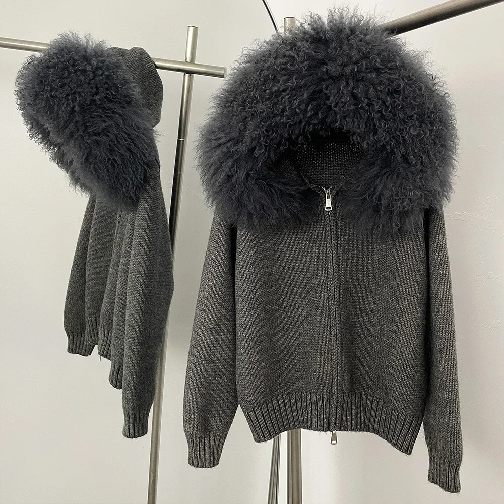 Abrigo cárdigan para mujer, abrigo de piel de zorro Natural, prendas de punto de piel mongol auténtica para mujer, chaqueta de piel tejida con capucha para primavera y otoño