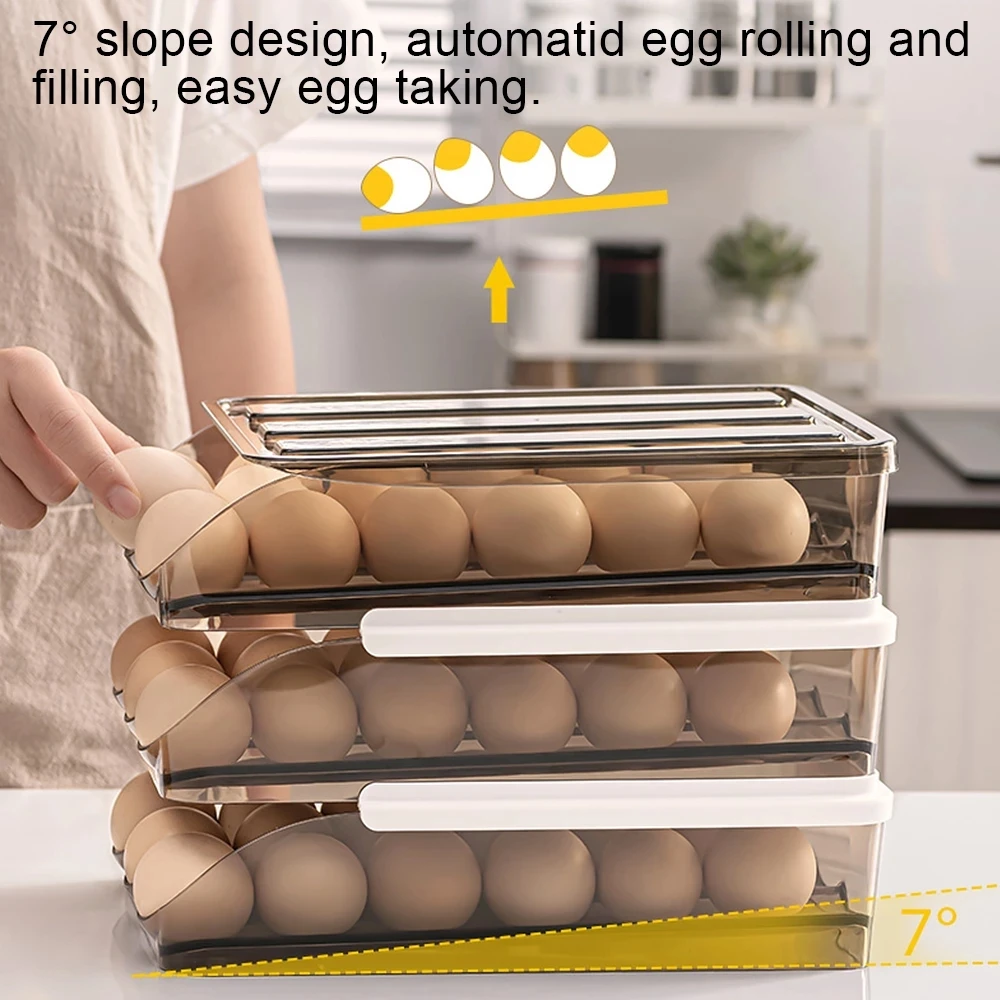 Caja de almacenamiento de huevos deslizante automática, cajón transparente, estante para huevos rodante apilable, cesta de soporte para bandeja de huevos, organizador de nevera de cocina