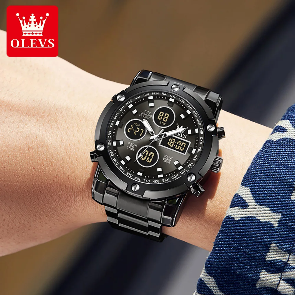 Relojes OLEVS para hombre, reloj electrónico multifuncional Original para hombre, reloj despertador luminoso resistente al agua, vestido de moda