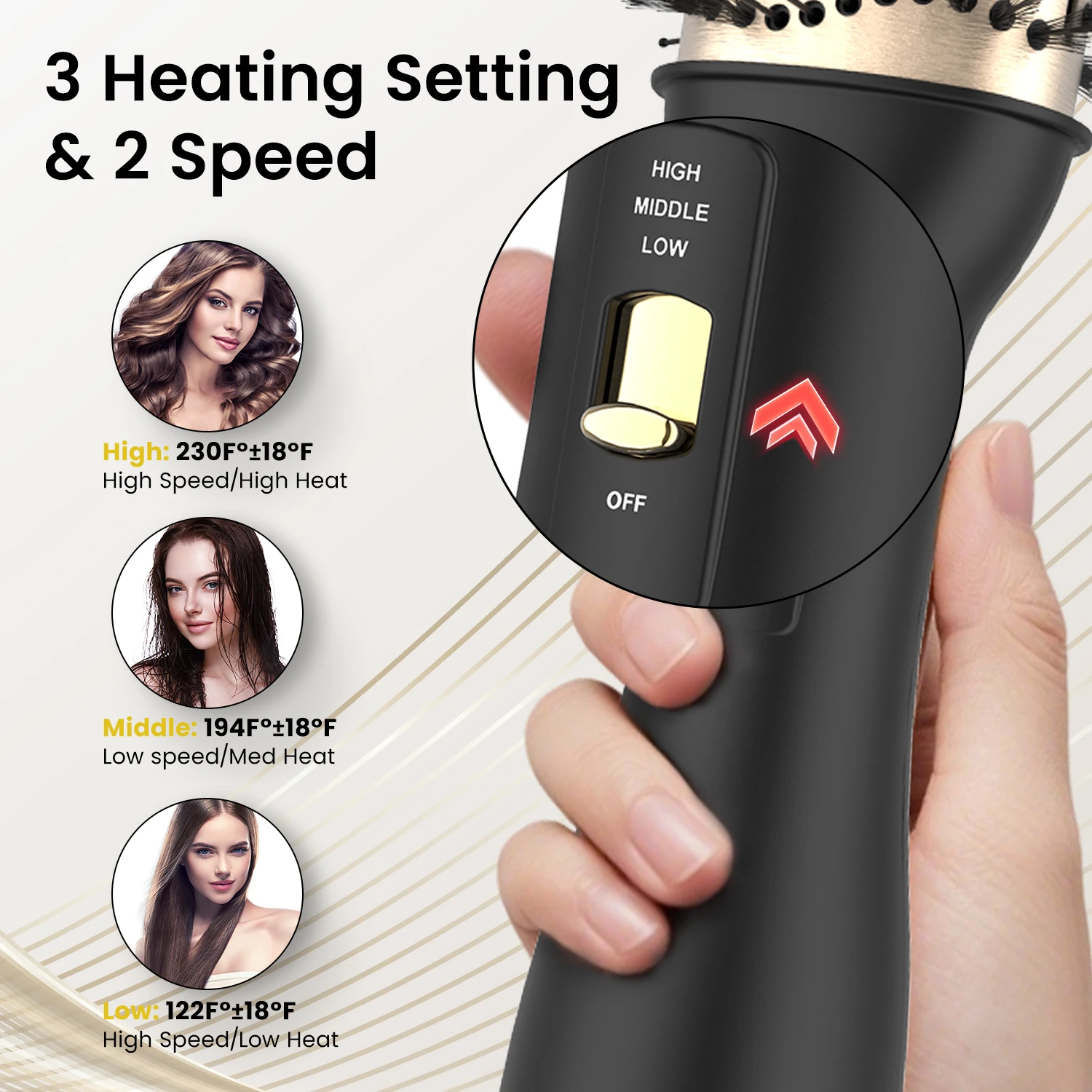 Cepillo de Aire Caliente y Voluminizador LISAPRO One-Step PLUS 2.0, Secador y Estilizador de Cabello, Nuevo Cepillo Rizador de Cabello Negro Dorado