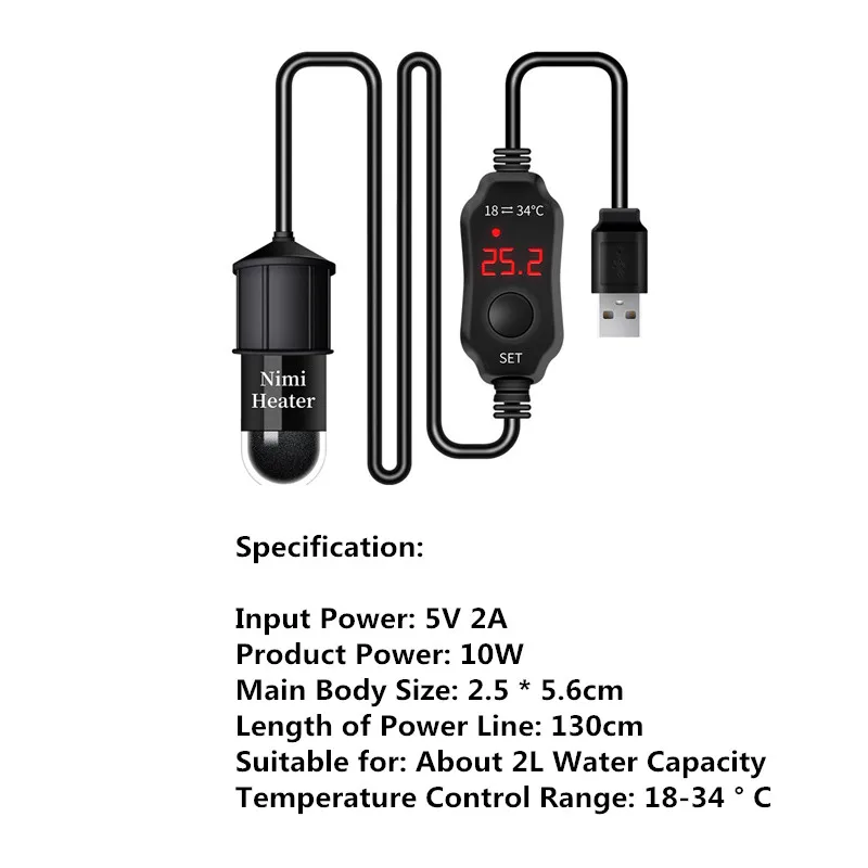 Mini calentador de tanque de peces de acuario con varilla de calentamiento de carga USB, termostato sumergible, temperatura ajustable, 18-34 ℃