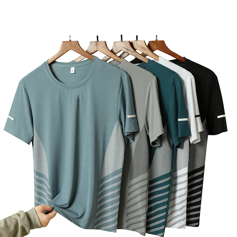 Camiseta para correr para hombre, Top fino de seda helada con estampado reflectante, Camiseta deportiva transpirable de manga corta de secado rápido 5XL
