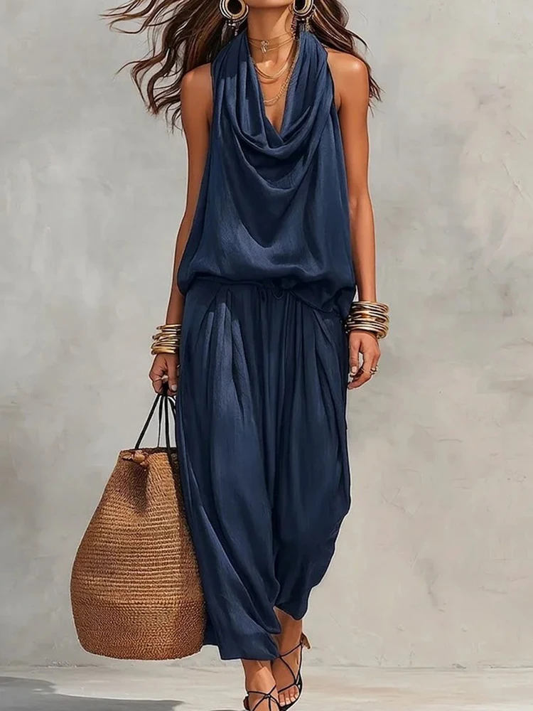 Conjunto de Dos Piezas para Mujer, Verano, Sin Mangas, Cuello Alto, Pantalones Largos, Estilo Casual, Elegante, para Vacaciones