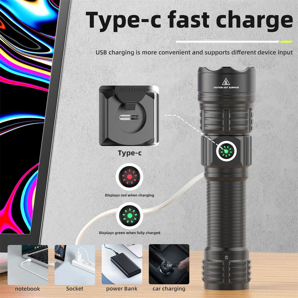 Linterna Táctica Láser Blanco 2000 Lúmenes Zoom USB-C Recargable con Montura Modo Strobe Resistente al Agua para Caza Ciclismo Camping Emergencias