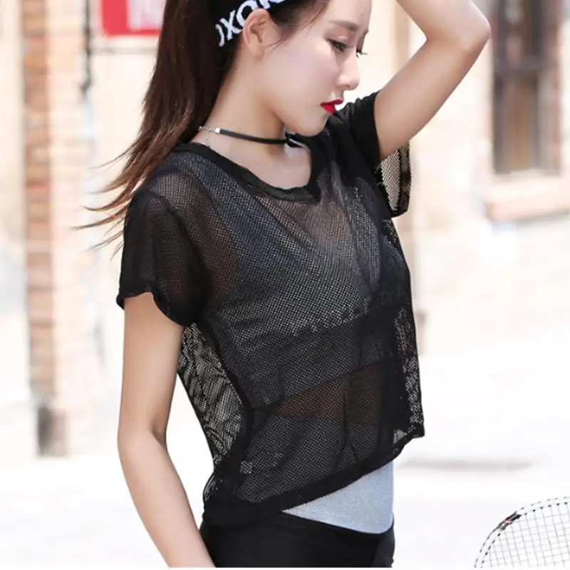 Camiseta de yoga de malla para mujer, sexy, de manga corta, top deportivo, blusa, prenda de secado rápido para gimnasio, ropa deportiva para correr y fitness