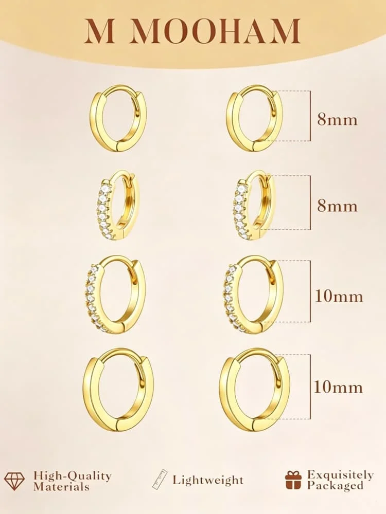 Juego de 4 Pares de Aretes de Aro con Circonita Cúbica Plateados en Plata 925 para Mujer, Aretes de Aro Huggie con Circonita Cúbica Brillante para Cartílago y Hélix