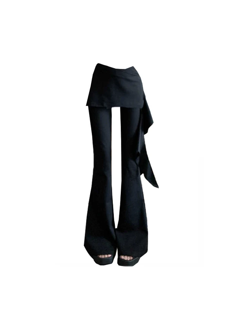 Pantalones acampanados góticos negros con falda para mujer, pantalones Vintage Y2k, pantalones estilo Harajuku japonés de los años 2000, ropa Emo Trashy de los años 2000