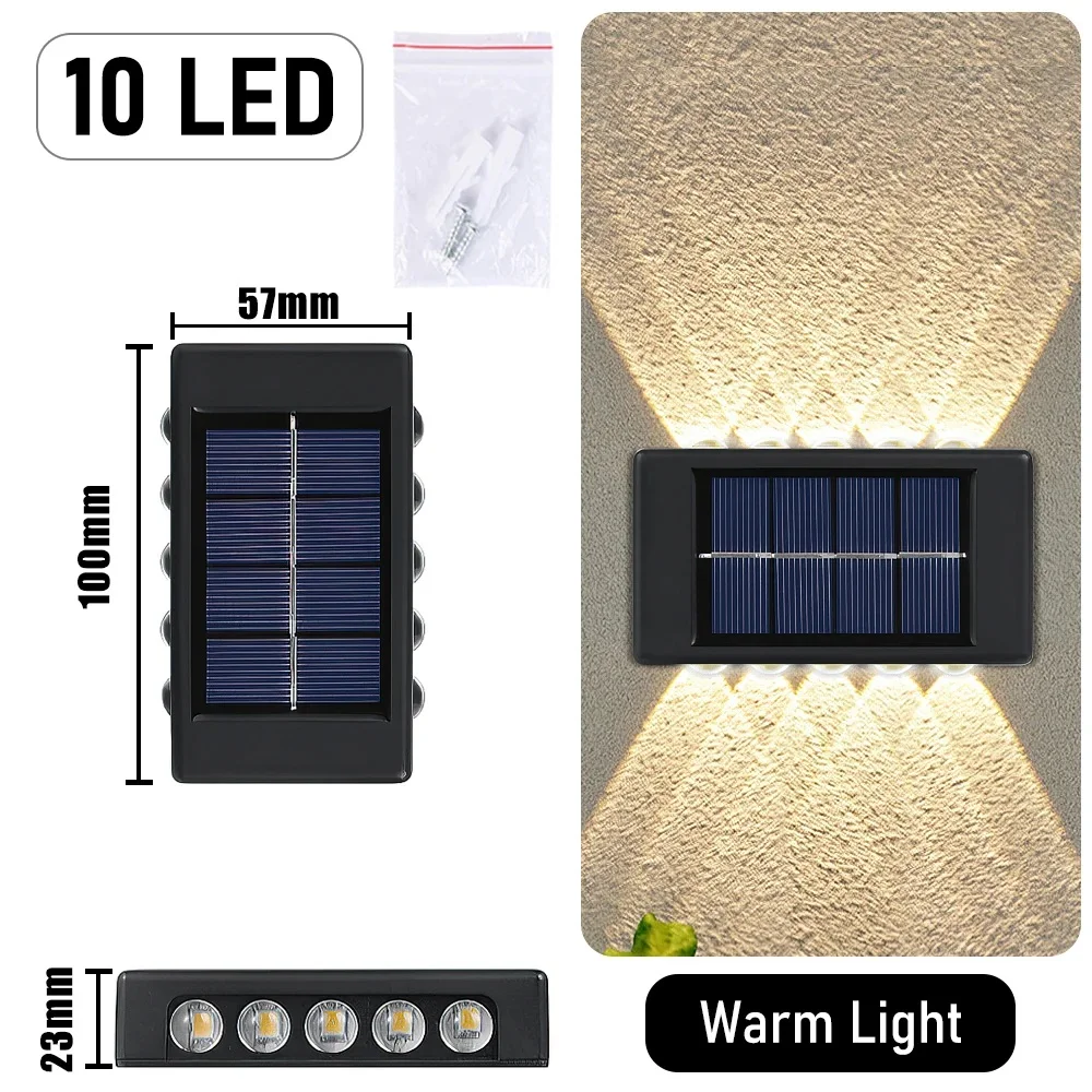 Lámpara Solar de pared de 10 LED, luz alimentada por energía Solar impermeable para exteriores, iluminación hacia arriba y hacia abajo, decoración para el hogar, jardín, porche y patio