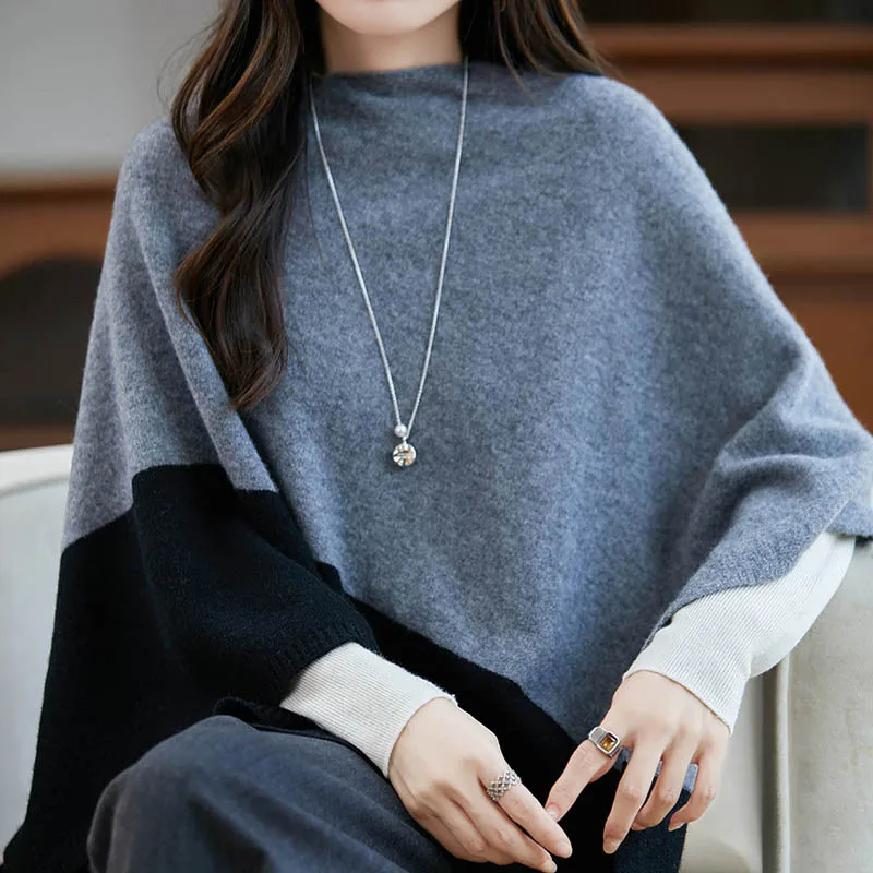 Capa de lana merina de 100% para mujer, jersey, chal Grace, estilo Simple, para oficina, capa larga y contrastante, Top de Cachemira para Otoño e Invierno